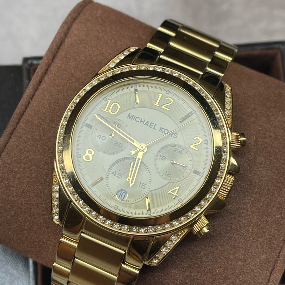 Michael Kors Gold Chronograph Watch with Crystal Bezel